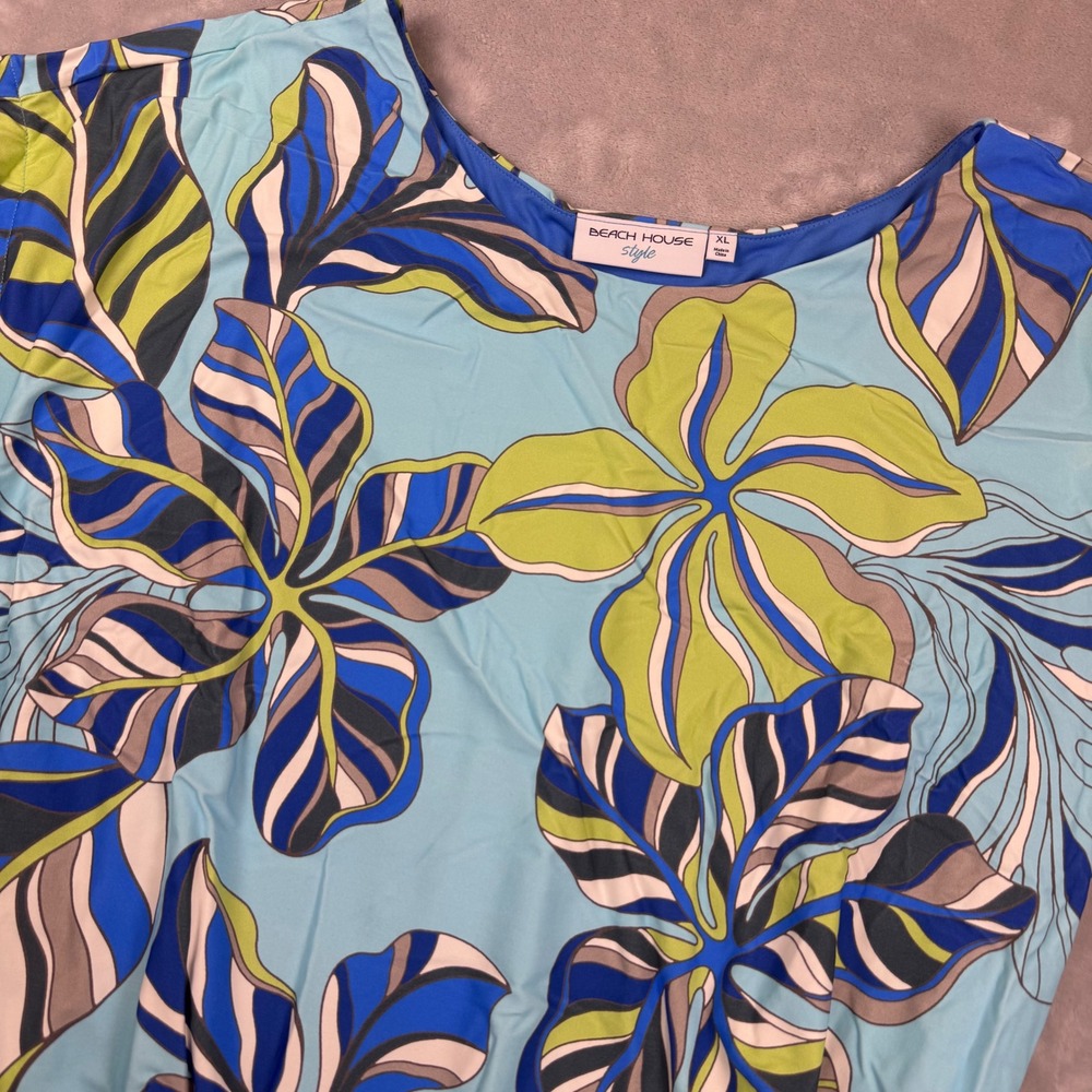 Beach House Style Womens XL Blue Tropical Floral Swim Cover-Up Dress Cap Sleeve